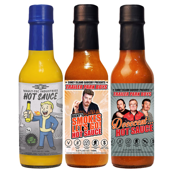 Cyclone Combo Hot Sauce 3-Pack – Vault-Tec, Deeecent & Ricky’s Smokes Let’s Go! | Coney Island Saucery