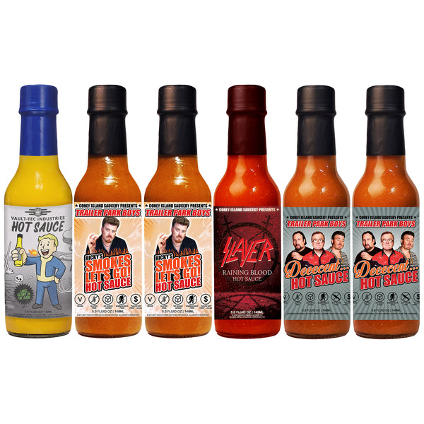 Main Attraction Hot Sauce Bundle 6-Pack 5oz – Official Slayer, Fallout & Trailer Park Boys Set